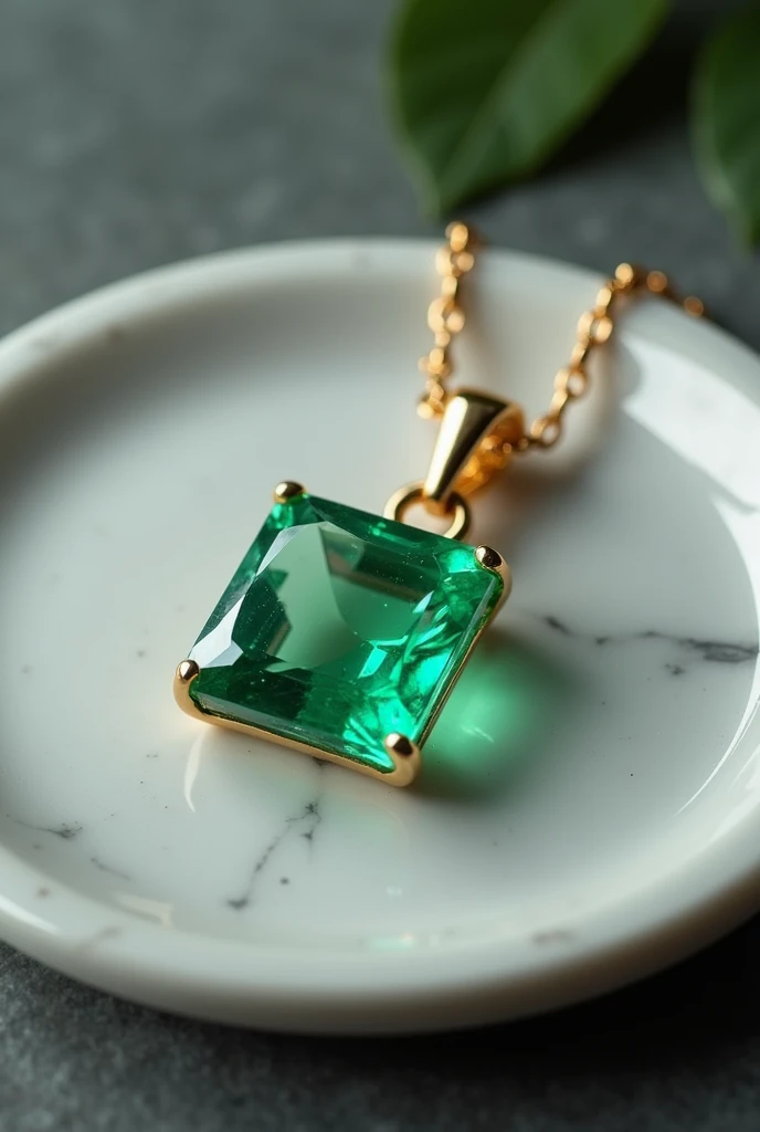 May Birthstone、10 carat clear green emerald necklace、It sits on a marble plate、The background is gray, Surrealism, Verism, Fujicolor, cinematic lighting, UHD, accurate, super detail, masterpiece, high details, super detail, high quality, best quality, highres