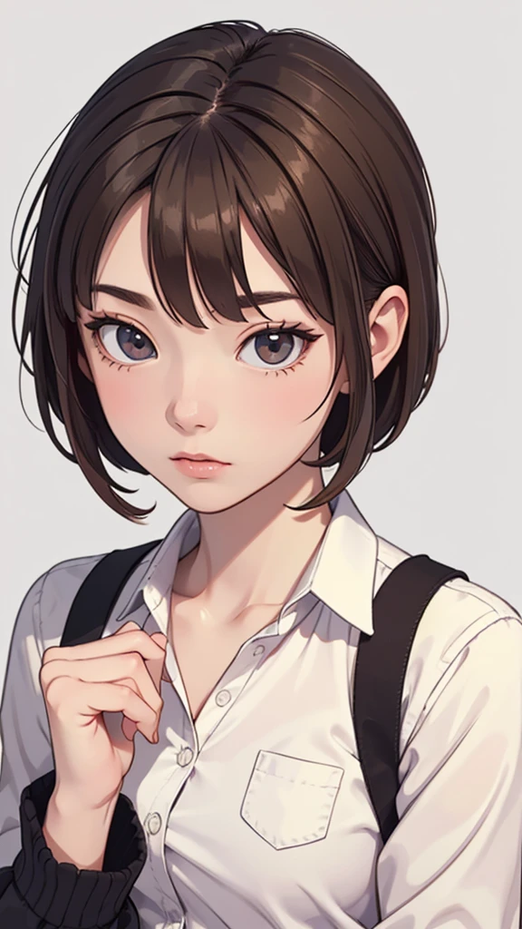 (((masterpiece, best quality, ultra highres, 1 girl, solo, no background))), super detailed skin and face and eyes and finger, beautiful japanese woman, small breasts:1.5, skinny, light brown hair, white background, very short pixie hair, cowboy shot, Generate with illustrations, Various expressions, Various poses, The background should be simple, with the character positioned centrally, outline, anime, 2d, boyish, Plain clothe, everyday clothes, expressionless,