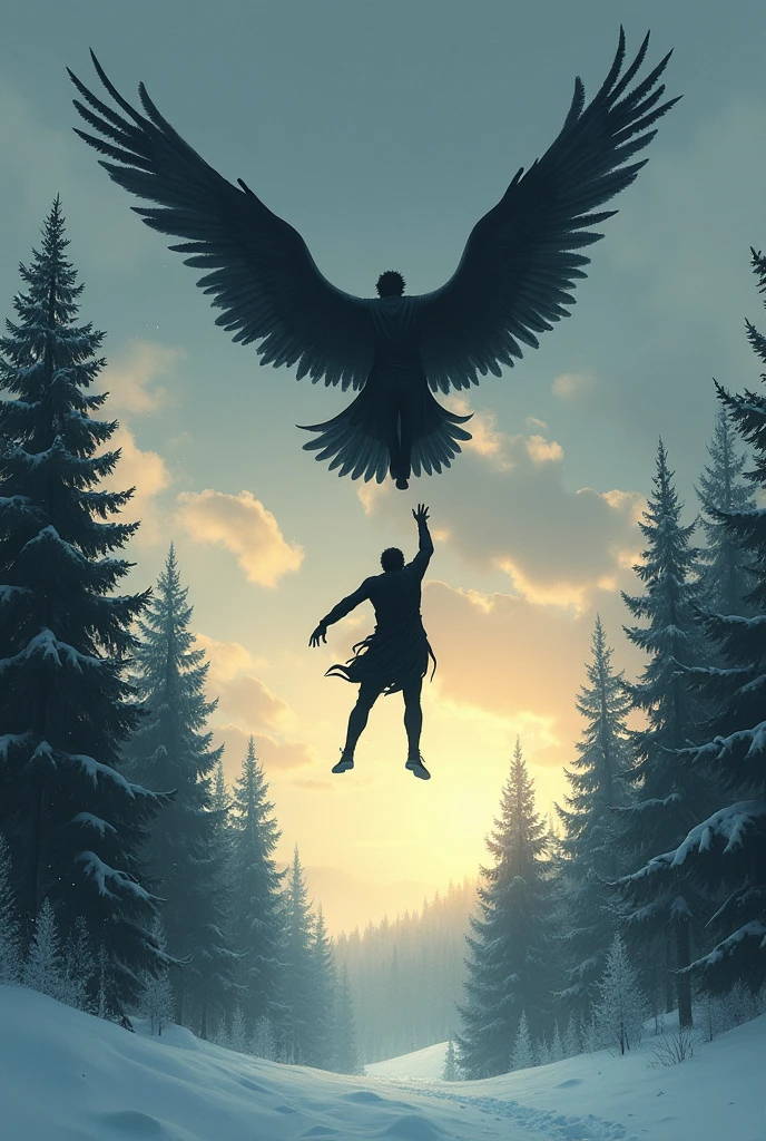 Book cover with a man falling from the sky, Above him there is a man with wings who is trying to reach him from the sky., Below it there is a pine forest. There are many clouds with a slight sunset, It's snowing and you can see snowflakes in the distance, They are both dressed in black and the one who is falling is facing away