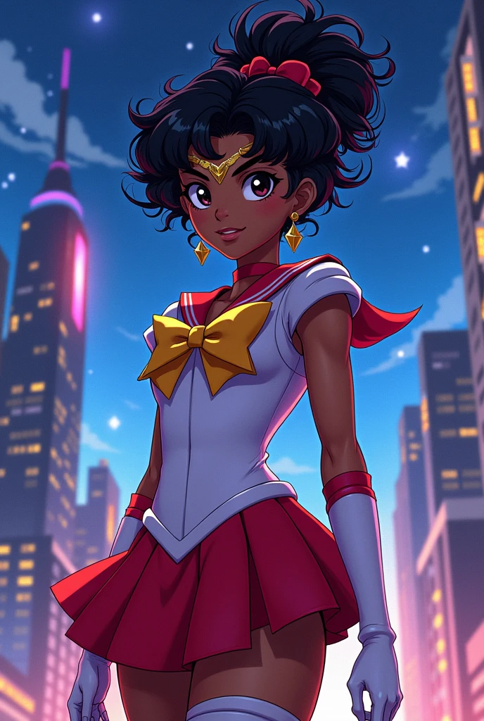 Generate a picture of off brand version of sailor moon but black girl



