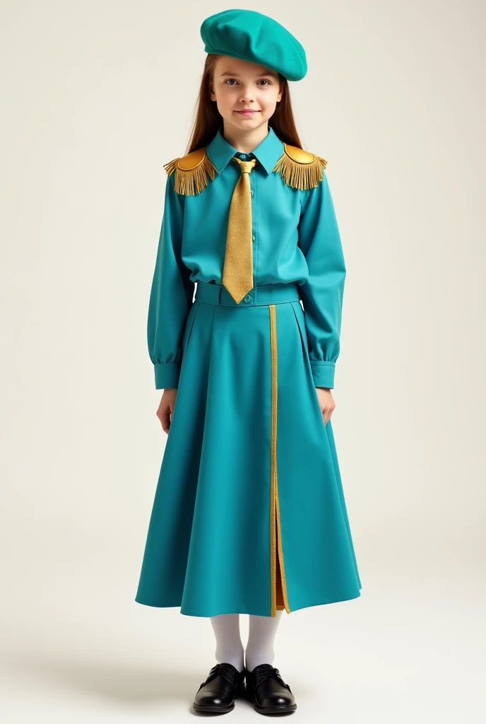 girl with long sleeve turquoise blue shirt, Turquoise blue skirt with straight line on the side in gold, Simple golden shoulder pads, gold tie, black shoes and turquoise blue beret