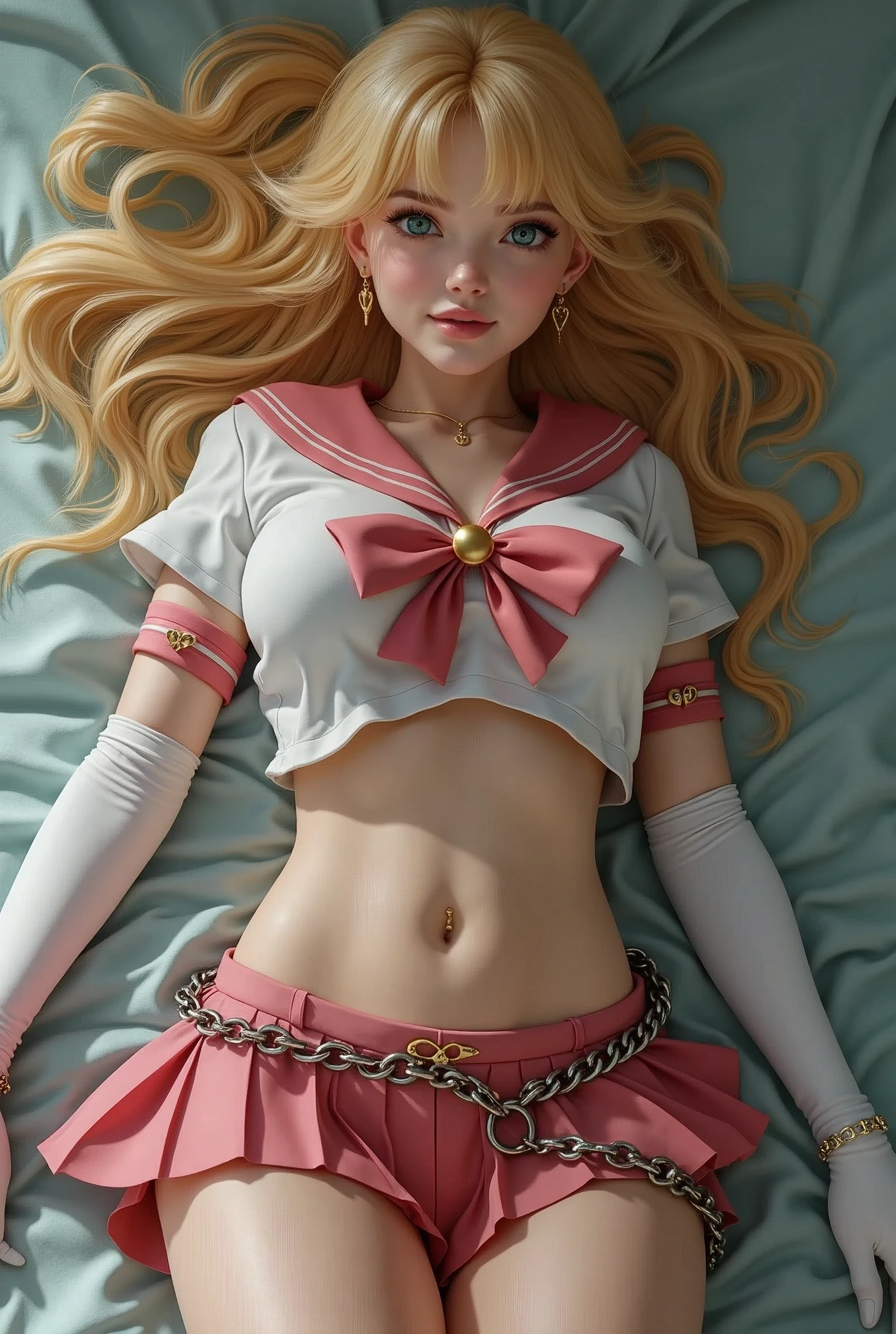 (Highest quality:1.1), (masterpiece:1.4), (Absurd:1.0), Portraiture, close,One girl, Sailor Uranus, Relationship, Mature Woman, Small breasts, Aqua Eye, Blonde, Sailor Warrior Uniform, Sailor collar, Chest Bow, Buck Bow, Pleated skirt, White elbow gloves, Big Ass, Ultra mini skirt , jewelry, Earrings, Lying on the floor, Show your ass, Micro Thong Butt, Very sexy , Nice ass. (Lying on the floor) Chain around the neck,  Slave Girl.