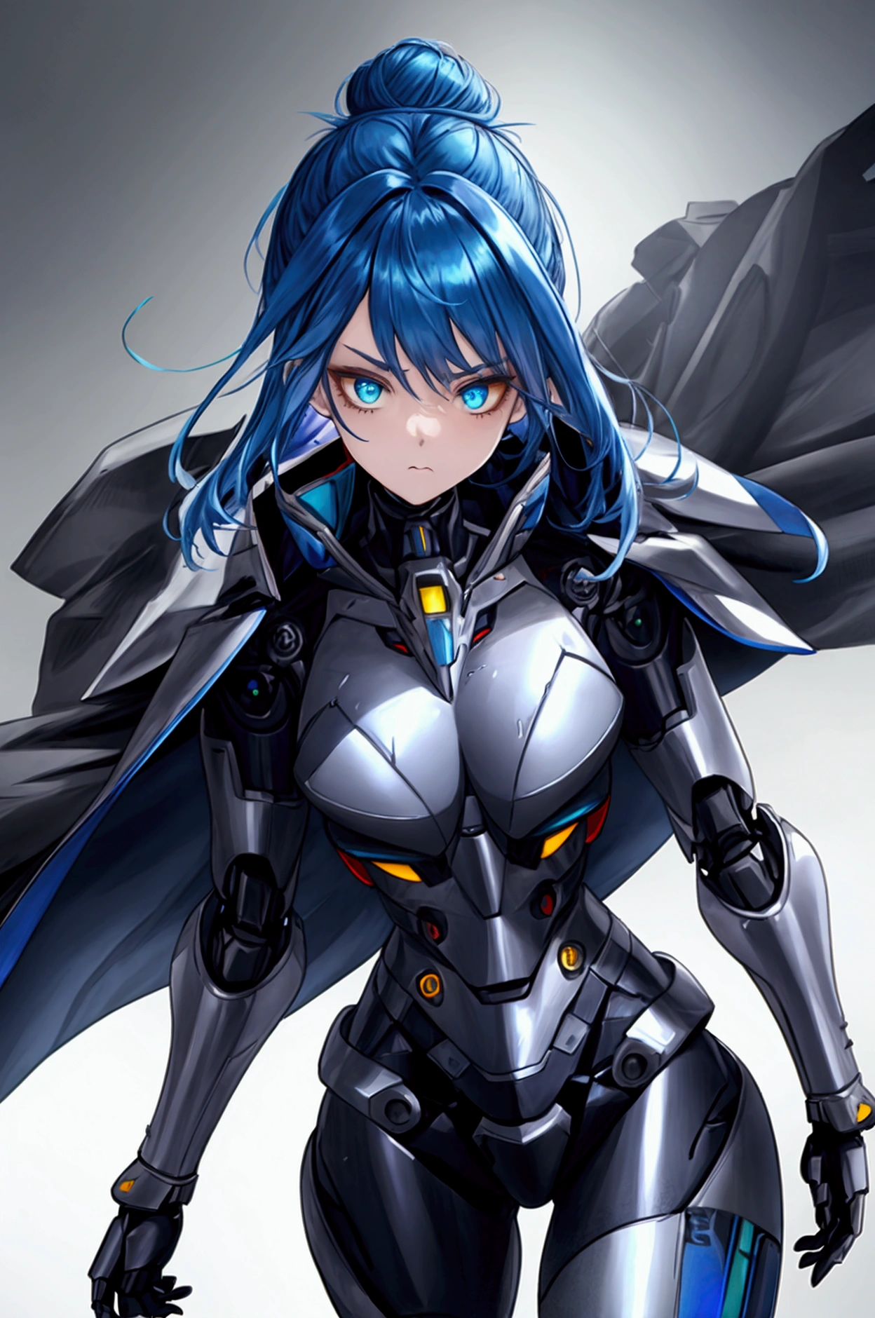 robotic, android girl, mechanical limbs, mismatched iris, full body, gritty sci fi, mechanical body, deep cobalt blue hair, mecha headset, mecha arms, asymmetrical arms, mecha ears, concept art, body armor, shape conforming armor, breastplate, mecha gauntlet, futuristic cloak, single hair bun, warrior stance, strong figure, yellow eye, black clothing, black jacket, serious, streaked hair, bangs, hair bun, hair behind ear, parted bangs, half updo, hair bun, asymmetrical hair, colored inner hair, white hair, aqua eye, glowing eyes, determined, dark blue hair, heterochromia, HD, masterpiece, super detail, best quality, accurate, anatomically correct