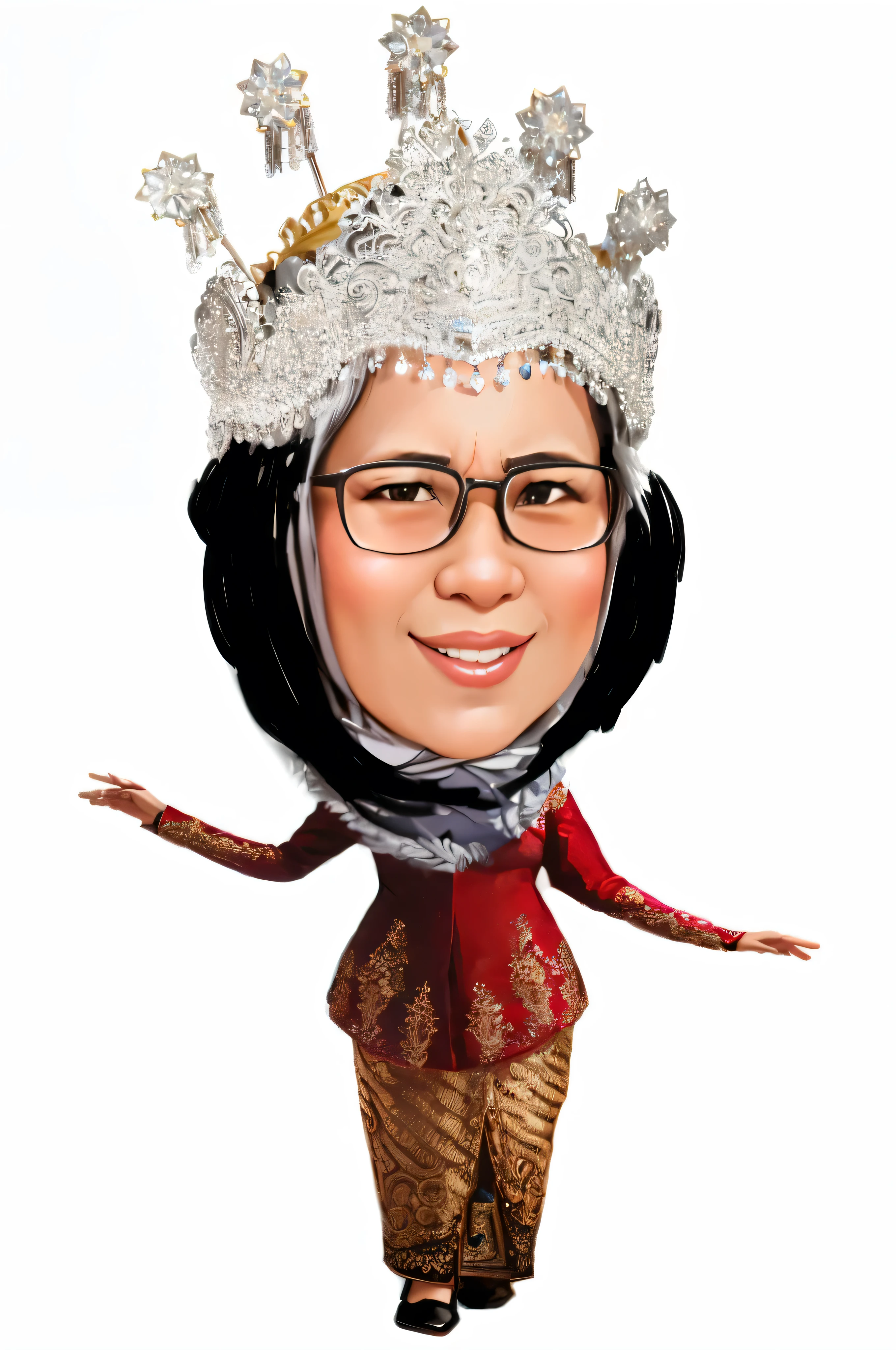 a cartoon of a woman and a crown, caricature illustration, caricature, chibi, cartoon portrait, potrait, in cartoon style, caricature style, emir, high quality portrait, full protrait, inspired by Altoon Sultan, inspired by Nil Gleyen, traditional portrait, detailed portrait, inspired by Basuki Abdullah, proffesional illustration, cartoonist
