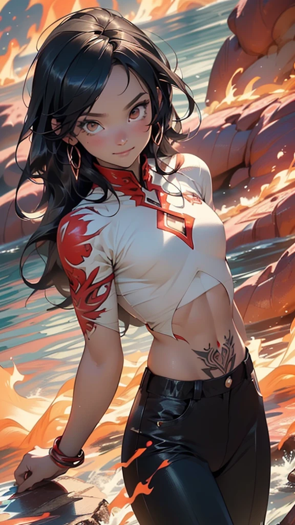 flame man,man:1.5,1 man,tracker man,(1man),((man:1.5 with long hair)),

(((1male,handsome man,male,male gender:1.5,male focus))),macho man,

((long black hair,detailed hair,highly detailed hair,black hair,very short beard:1.2)),(((lustrous skin:1.5,tanned skin,bright skin: 1.5,skin tanned,shiny skin,very shiny skin,shiny body,illuminated skin))),(((brown_eyes:1.2))),intricate eyes,beautiful detailed eyes,symmetrical eyes,man chest,handsome face,((muscular)),(((detailed face))),

alluring look,nsfw,

(((bare chest))),red pants,((bulge in pants)),((tracker outfit)),(wearing a tracker outfit:1.3,tracker clothes),(((fire body, liquid lava, boy,with lava body, prismatic fire, lava details, liquid lava covering her body, sun goddess, fire, tattoos, (powerful aura), Flame elements, Incarnation of the Flame, Humanoid Flame, the body is on fire (flames in the body: 1.4)))),

(dynamic pose:1.0),solo focus,((evil smile,evil look)),(centered,scale to fit dimensions,Rule of thirds),

((red and white background of a waterfall, red lava rivers, bright red lava flows, bloody river in hell, narrow red lava rivers, red fluid, bottom of a lava river, bright red veins, turbulent blood lake, flowing lava, rivers of lava, streams of bright hot lava, rivers of blood)),scenery:1.25,((intricate scenery)),

(Glossy fire ornaments),highres,sharp focus,(ultra detailed,extremely detailed),(photorealistic artwork:1.37),(extremely detailed CG unity 8k wallpaper),(((vibrant colors,vibrant theme))),(intricate),(masterpiece),(best quality),artistic photography,(photography taken by sldr),(intricate background),perfect rendered face,perfect face details,realistic face,photo realistic,((intricate detail)),(((realism))),
