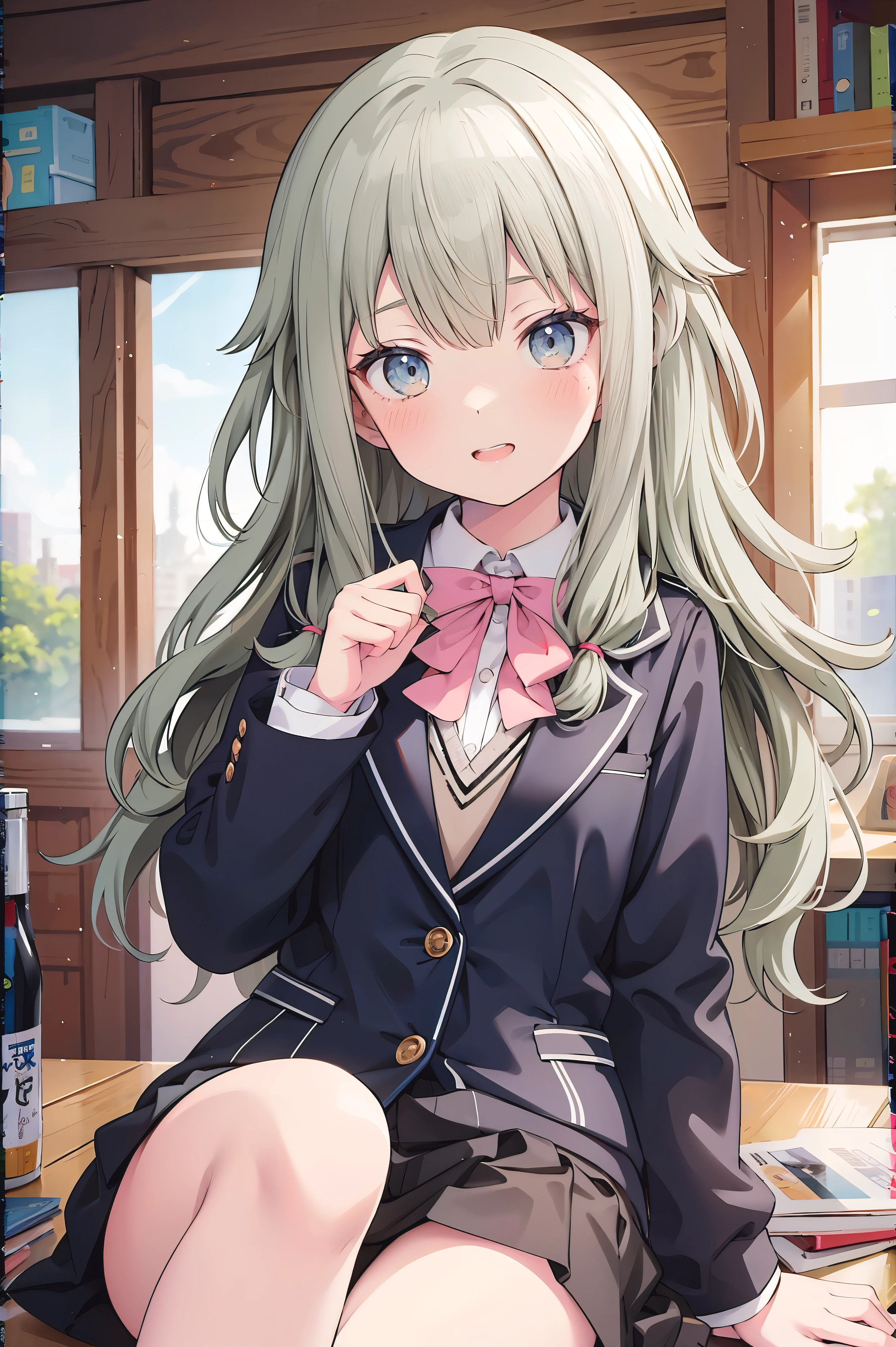 (8k, 最high quality)、Ultra-high resolution、adorable、最high quality, beautiful, (((Absurd beauty)))、masterpiece、Best image quality、(Front facing)、good feeling、smile,Face the camera、Delicate eyes、smile、Small face、girl、1 person、masterpiece, Most detailed、school uniform、blazer、high quality、♡、heart、Shiny Hair、Very fine and beautiful bright eyes、Medium chest、nose blush、Very detailed, clear and beautiful face, Awards, (Anatomically correct)