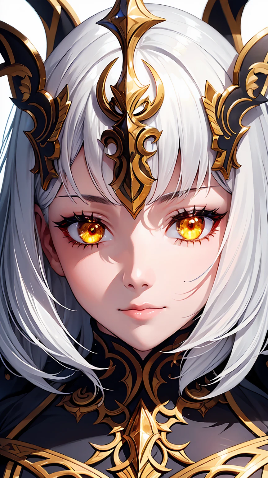 Woman1, face close-up, detailed eyes close-up, bright and glowing golden eyes, beautiful and detailed face, long and detailed white hair, high detail, better resolution, detailed face and eyes