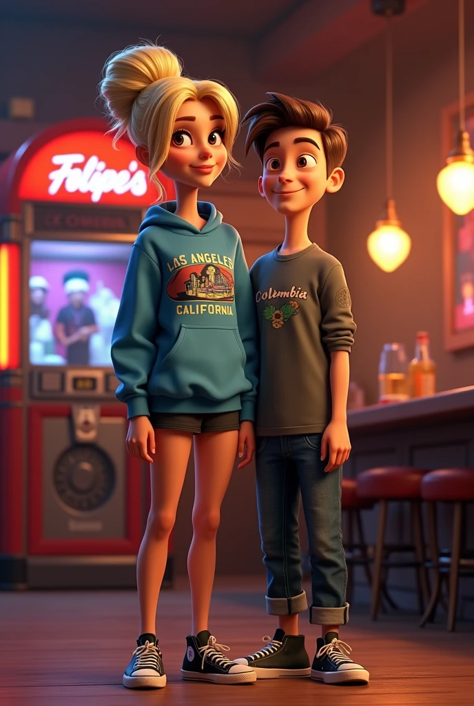 Animated Tall blonde girl with a bun wearing a Los Angeles California sweatshirt with black tennis shoes paired with a tall, thin, round-headed, white, brown-eyed man wearing a Columbia shirt in the background a bar with painball machines and a jukebox that says Felipe's bar