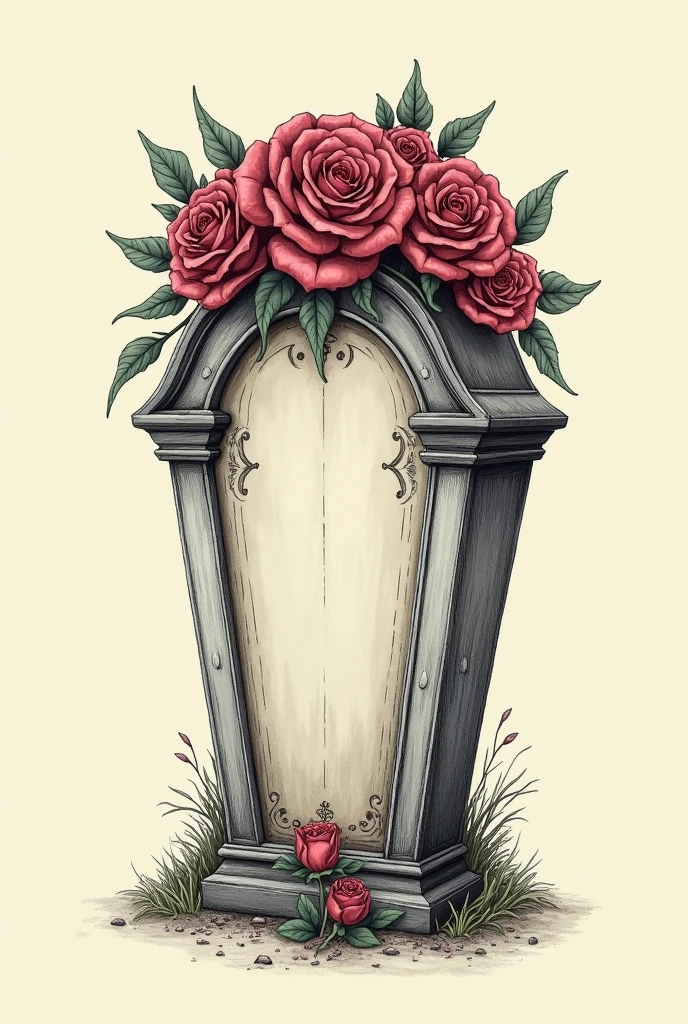 A drawing of a coffin with roses on top on a plain background in the style of Tim Burton