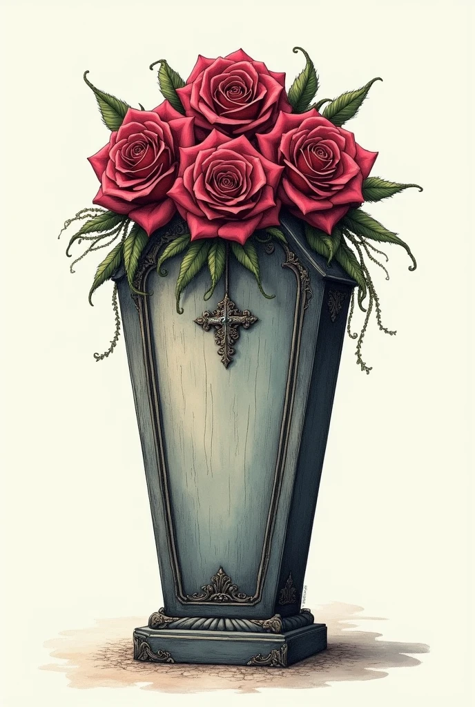 A drawing of a coffin with roses on top on a plain background in the style of Tim Burton