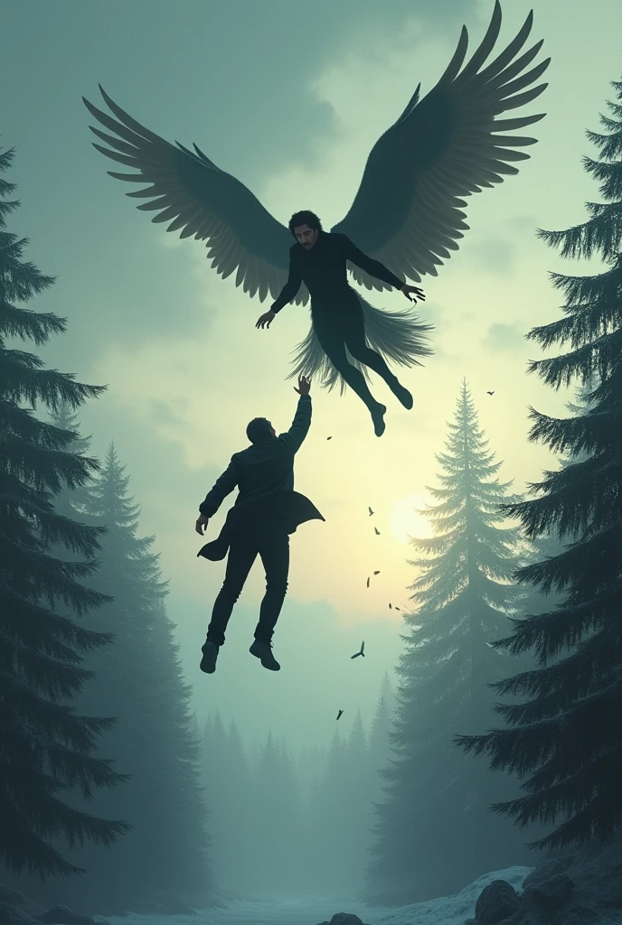 Book cover with a man falling from the sky, Above him there is a man with wings who is trying to reach him from the sky., Below it there is a pine forest. There are many clouds with a slight sunset, It's snowing and you can see snowflakes in the distance, They are both dressed in black and the one who is falling is facing away