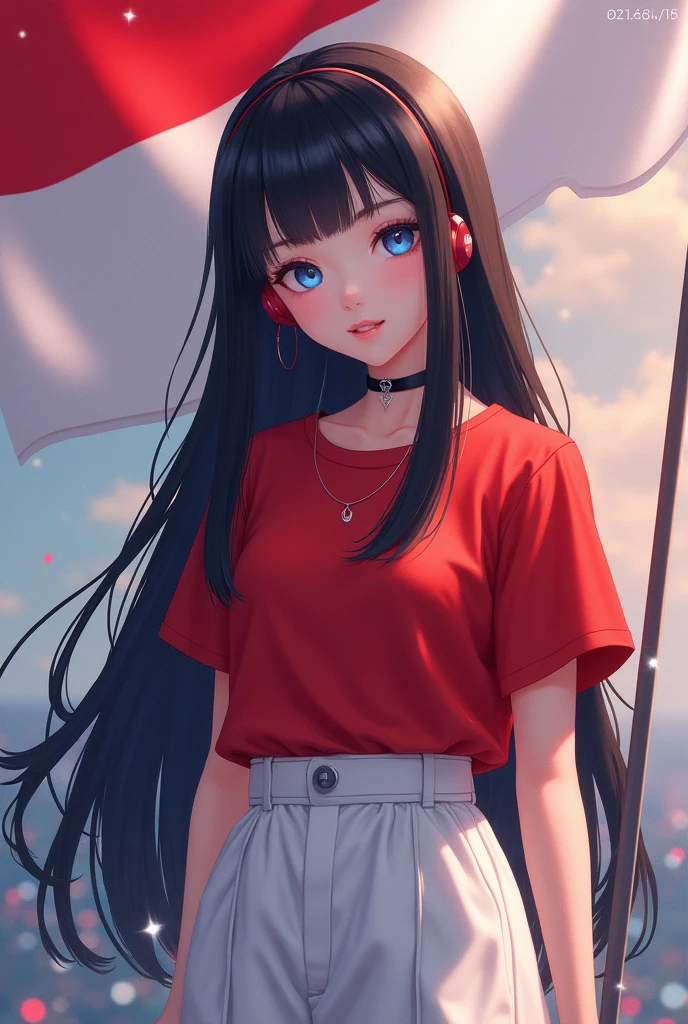 best quality, tmasterpiece, Ultra-high resolution, Clear face, (Reality: 1.4), perfect lighting,(photorealistic: 1.50), anime wallpaper, Guviz style artwork , fantasy cover up to magic , by Yang J, Guviz, beautiful artwork illustration, beautiful digital artwork, beautiful digital illustration, Li Song, beautiful anime portrait, art style at Beauvot,illustration, ethereal and beautiful, highly detailed, CG, unity, 8k wallpaper, Amazing, fine detail, masterpiece, best quality, official art, highly detailed CG unity 8k wallpaper,absurd, extremely absurd, large file size, highly detailed , high resolution, very detailed,beautiful girl with details, very detailed eyes and face, beautiful detailed eyes,light on the face,cinematic lighting, 1girl, (black hair:1.3), long hair, Bangs, Headphone, blue eyes, (Red T-shirt), (White pants), standing, full body, (looking at viwer:1.3), smile, Holding the Indonesian flag, Red and white flag, Right hand holding the flag,
