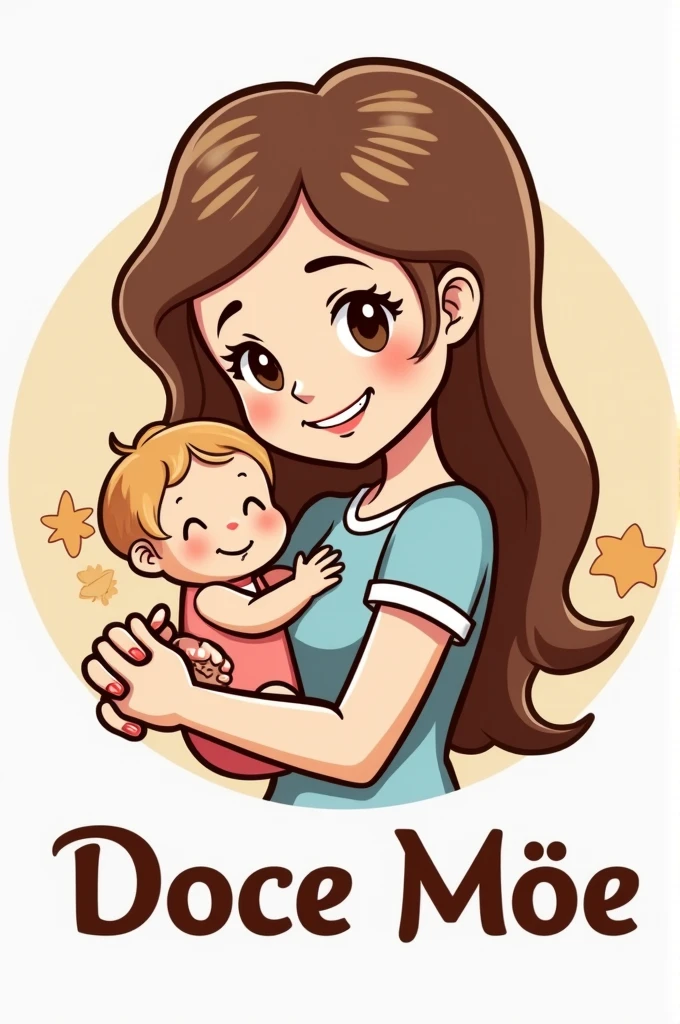 
Logo with cookies and a young mother with a baby in her arms writt Doce Mãe.