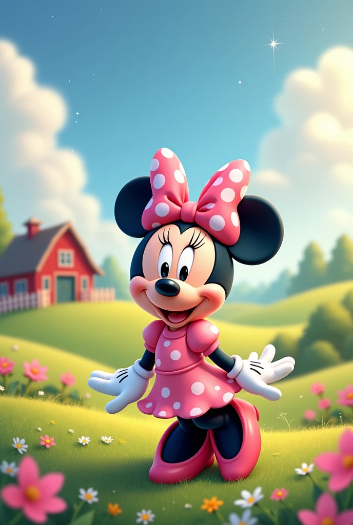 Minie mouse farm background with pink dress and white freckles