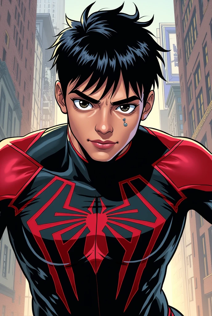 Marvel Comic Panel : A 20 year old boy, White skin, black eyes, black hair , with piercings and a black and red spiderman suit in a city with a fixed gaze
