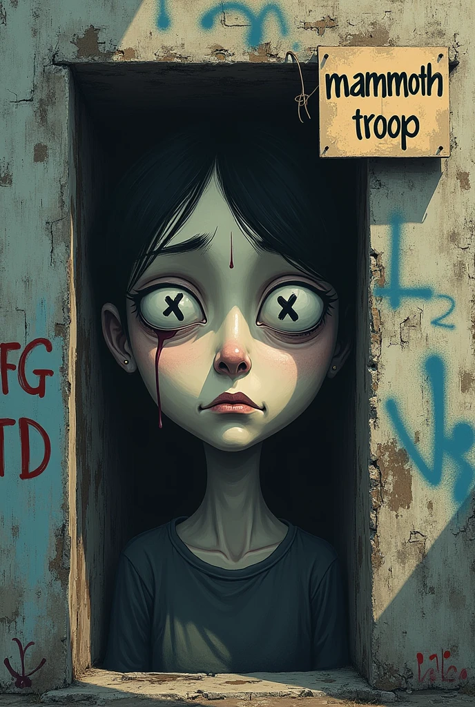 Sad mouth with x-shaped eyes and a wall covered in paint with the words FJG TD 2 written on it and a sign written on it "mammoth troop"