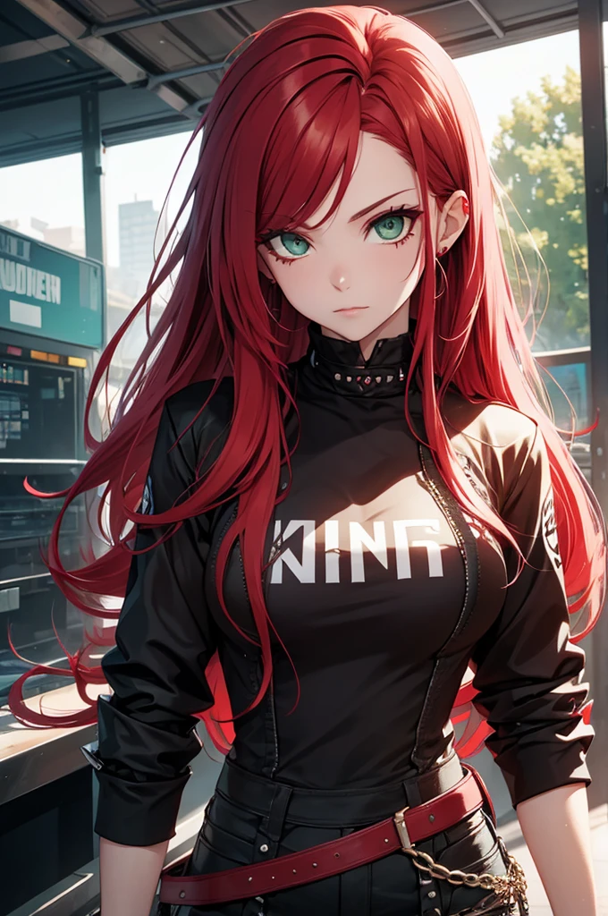 Woman punk long red hair green eyes