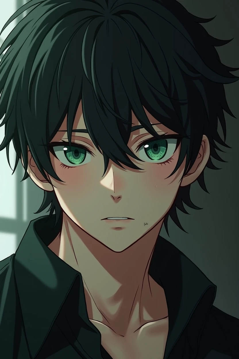 A male character who has deep, penetrating green eyes, with dark eyelashes that highlight her intense look. His hair is dark and disheveled, with locks that fall on his forehead. His skin is pale, with a touch of pink on the cheeks, Is high