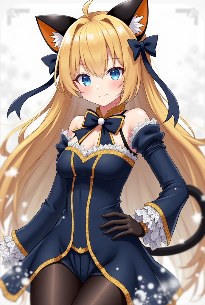 Imagine a woman with long, yellow hair, that falls in soft waves. She wears a black and orange bow on her head., which stands out as a kind of ornament that imitates the shape of cat ears. your eyes are blue, with a small white ball in the middle, giving them a special shine.

His clothes are predominantly dark blue., with gold and white details, and the garment is adorned with white flowers, adding a delicate touch with a veil on the head.
She wears black stockings and gloves, and a black star holds back part of her hair.

Furthermore, she has a tail, which becomes a distinctive feature of your look. His personality is divided into two manipulative facets: one is cunning and charming, while the other is cold and calculating. Each personality has different powers, reflecting her contrasting natures and making her a multifaceted and intriguing character.
