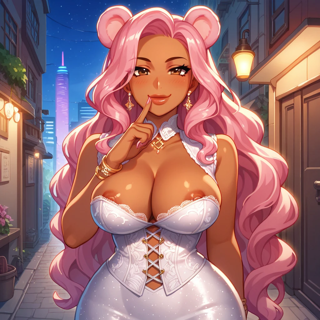 score_9, score_8_up, score_7_up, score_6_up, 1girl, (source_anime), thick lips, brown eyes, pink hair, wavy hair, pink bear ears, dark skinned female, long hair, large breasts, wide hips, detailed, high quality, city, night, alley, glittery skirt, glittery, glittery vest, lace vest, nip slip, lace, close up, smirk, looking up, shhh, finger to lips, holding money,