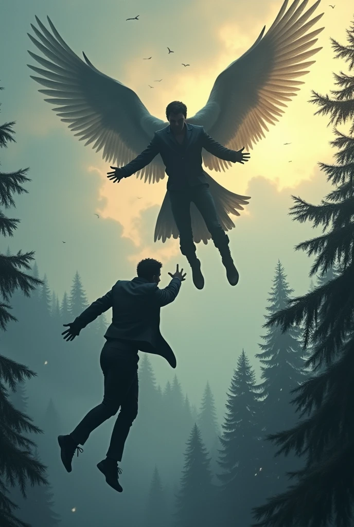 Book cover with a man falling from the sky, Above him there is a man with wings who is trying to reach him from the sky., Below it there is a pine forest. There are many clouds with a slight sunset, It's snowing and you can see snowflakes in the distance, They are both dressed in black and the one who is falling is facing away