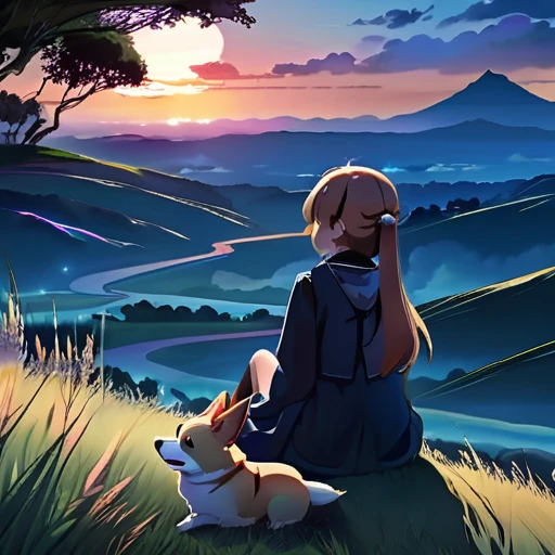anime landscape of a girl&cute corgidog sitting on a hill with grasses with dark blue clouds, blue cere madder sky lightly big bell with few clouds, anime nature wallpapers, beautiful anime scene, beautiful anime peace scene, Makoto Shinkai Cyril Rolando, beautiful scene of anime, amazing wallpaper, anime art wallpaper 8k, anime background, art anime background, anime 4k wallpaper, anime art 4k wallpaper, anime art 4k wallpaper, prayer of requiem prayer of requiem