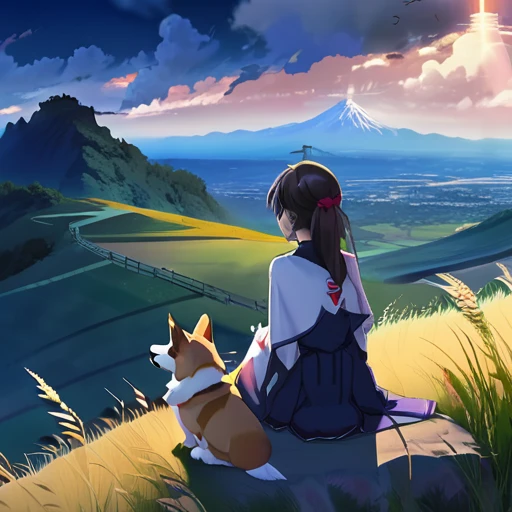 anime landscape of a girl&cute corgidog sitting on a hill with grasses with dark blue clouds, blue cere madder sky lightly big bell with few clouds, anime nature wallpapers, beautiful anime scene, beautiful anime peace scene, Makoto Shinkai Cyril Rolando, beautiful scene of anime, amazing wallpaper, anime art wallpaper 8k, anime background, art anime background, anime 4k wallpaper, anime art 4k wallpaper, anime art 4k wallpaper, prayer of requiem prayer of requiem