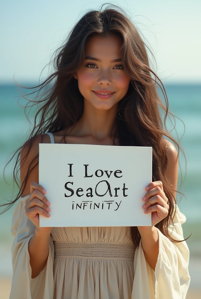 Beautiful girl with wavy long hair, bohemian dress, holding a white board with text "I Love Seaart Infinity" and showing it to the viewer