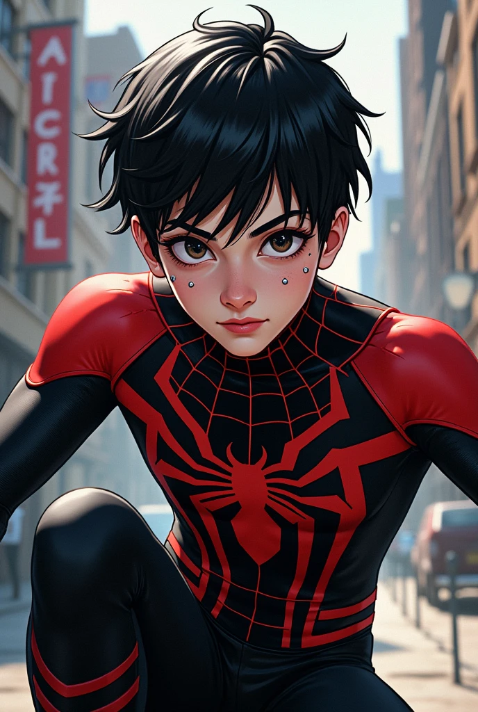 Marvel Comic Panel : A 20 year old boy, White skin, black eyes,  black hair ,  with piercings and a black and red spiderman suit in a city with a fixed gaze 