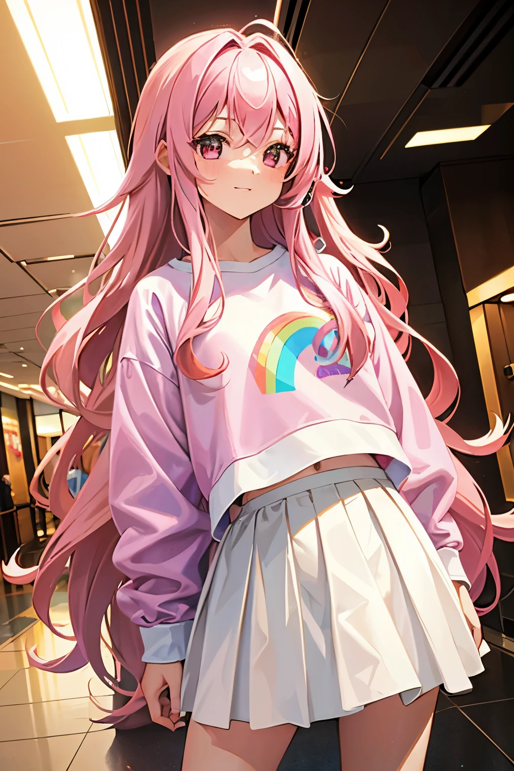 Cute girl age 16 with long wavy pink hair wearing rainbow y2k sweatshirt and white skirt in the luxurious hotel lobby