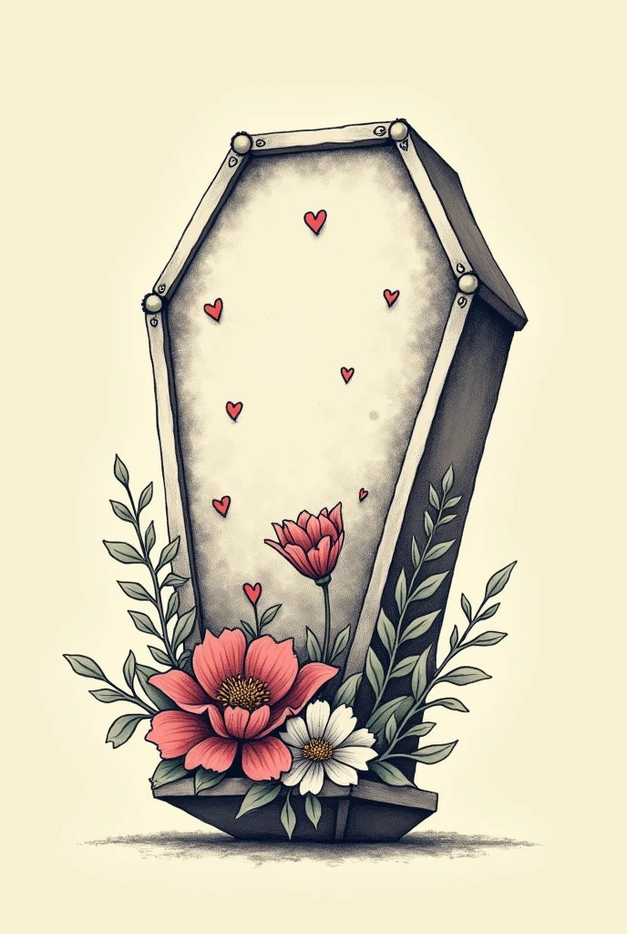 A drawing of a coffin with flowers and little hearts on top on a plain background in the style of Tim Burton