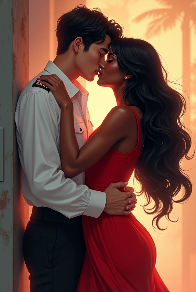 I want a cover for my book that features a young Asian man with dark brown hair dressed as an airplane pilot and kissing a young African American woman with black hair and a red dress.