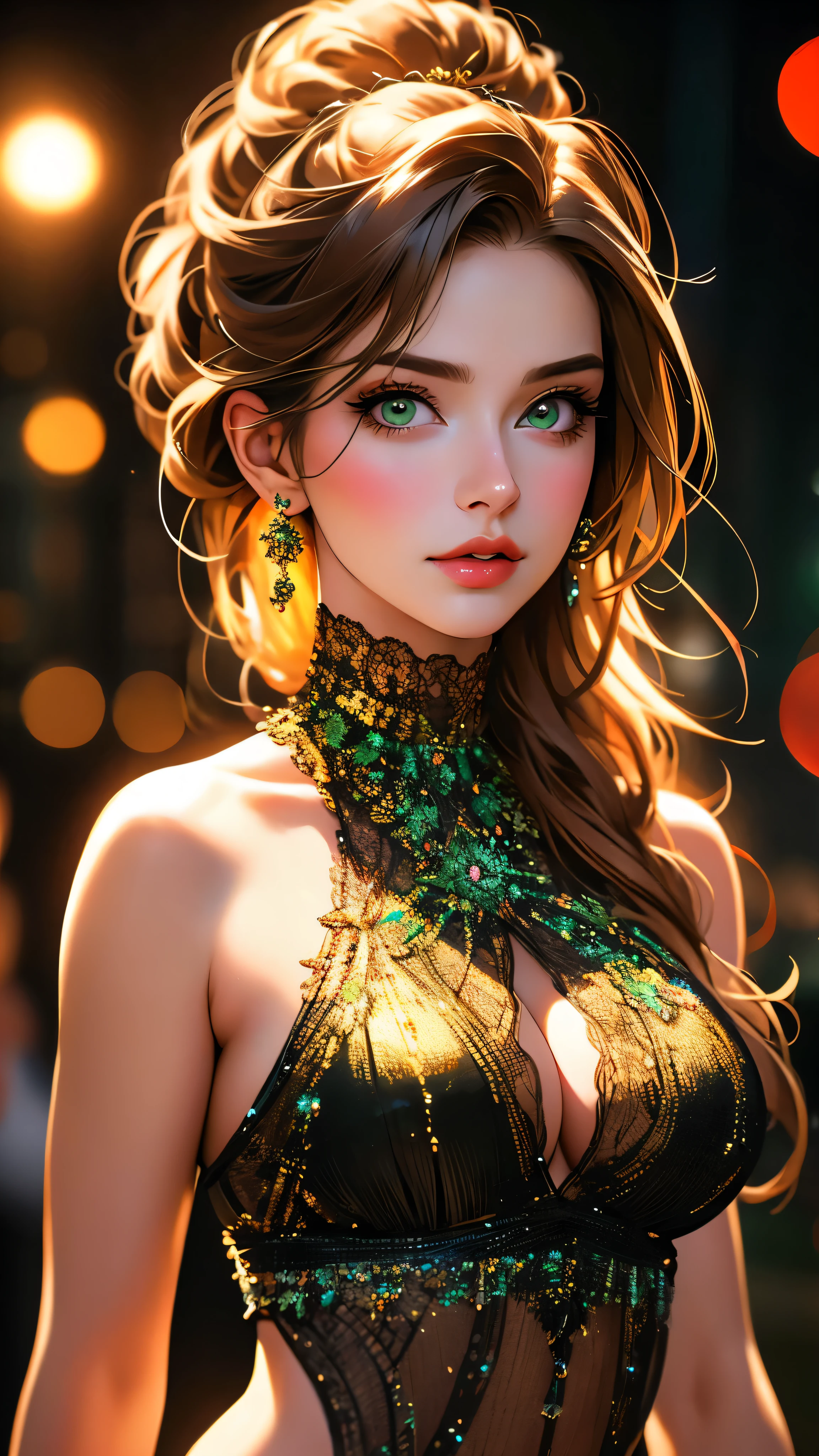 a beautiful woman with detailed green eyes, large breasts, sensual expressions, realistic, photorealistic, photo-realistic:1.37, (best quality,4k,8k,highres,masterpiece:1.2),ultra-detailed, HDR,UHD,studio lighting,ultra-fine painting,sharp focus,physically-based rendering,extreme detail description,professional,vivid colors,bokeh,warm colors,soft lighting