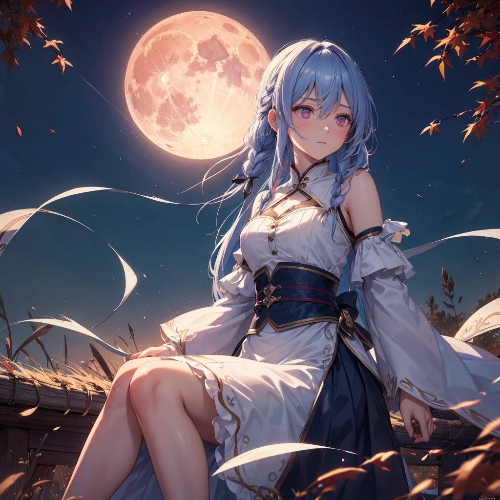 (Braiding),(Sky blue medium hair), (Pink eyes),(Fair skin) ,(whole body),(One Girl),(harvest moon),(A large amount of Miscanthus sinensis in the background),autumn,(full moon),(masterpiece, Highest quality, Very detailed, Best Shadow), (Detailed Background), (Beautifully detailed face), High Contrast, (Best lighting, Very delicate and beautiful), ((Cinematic Light)), Hyper Detail,8k, Dramatic Light, Intricate details,Maple