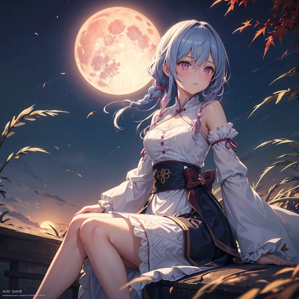 (Braiding),(Sky blue medium hair), (Pink eyes),(Fair skin)  ,(whole body),(One Girl),(harvest moon),(A large amount of Miscanthus sinensis in the background),autumn,(full moon),(masterpiece, Highest quality, Very detailed, Best Shadow), (Detailed Background), (Beautifully detailed face), High Contrast, (Best lighting, Very delicate and beautiful), ((Cinematic Light)), Hyper Detail,8k, Dramatic Light, Intricate details,Maple