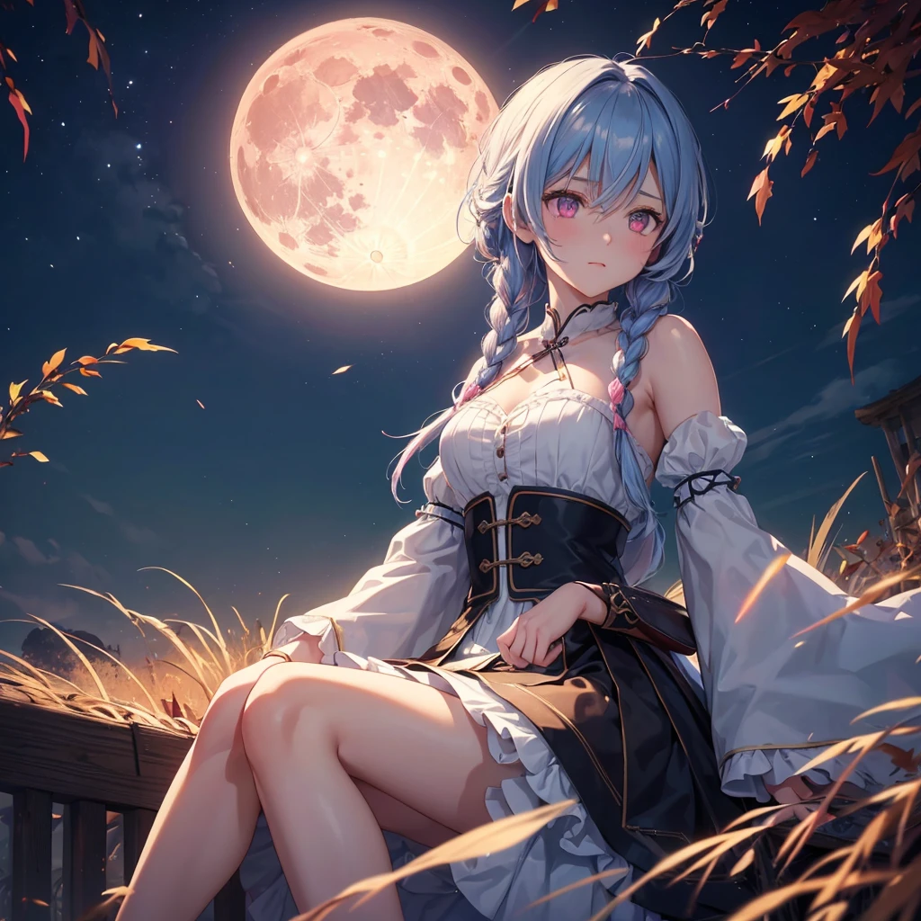 (Braiding),(Sky blue medium hair), (Pink eyes),(Fair skin)  ,(whole body),(One Girl),(harvest moon),(A large amount of Miscanthus sinensis in the background),autumn,(full moon),(masterpiece, Highest quality, Very detailed, Best Shadow), (Detailed Background), (Beautifully detailed face), High Contrast, (Best lighting, Very delicate and beautiful), ((Cinematic Light)), Hyper Detail,8k, Dramatic Light, Intricate details,Maple