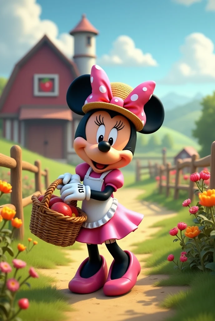 Minie mouse farm background with pink dress and white freckles and straw hat and fruit basket in hand