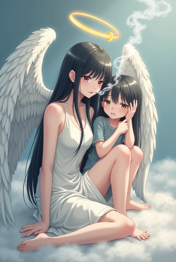 1 girl,long black hair,big breasts,angel,angel wings,halo,white tunic,languid,sluggish.empty eyes,half-closed eyes,sharp eyes,open eyes,air is heavy,sitting,Right knee up,Right elbow on right knee,holds a cigarette in his right hand,exhaling cigarette smoke from his mouth,heaven,floor is made of fluffy clouds