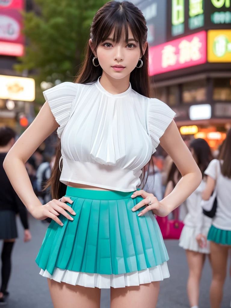 Product quality,1 girl,Cowboy Shot,Front view,(Thigh Emphasis:1.6),Young and sexy Japanese girl,20-year-old,Harajuku,(Crowded street:1.4),Snazzy,(green:1.5),shirt,wear,(Fashionable Bags:1.3),Fashionable necklaces,Stylish Earrings,((White Ultra Short Micro Pleated Mini Skirt:1.5)),wear,Very cute face,Baby Face,Glossy Lips,Double eyelids on both eyes,(Natural Makeup),Small and cute nose,shiny smooth light brown long hair,,,,Asymmetrical bangs,Center image,8k resolution,Attention to detail,Detailed hairstyle,Detailed face,Cinema Lighting,Octane Rendering,Ultra-realistic,Perfect limbs,(Detailed fingers:1.5),Beautiful feet,Voluptuous thighs,Huge breasts,Perfect Anatomy,(Model sexy pose:1.5)