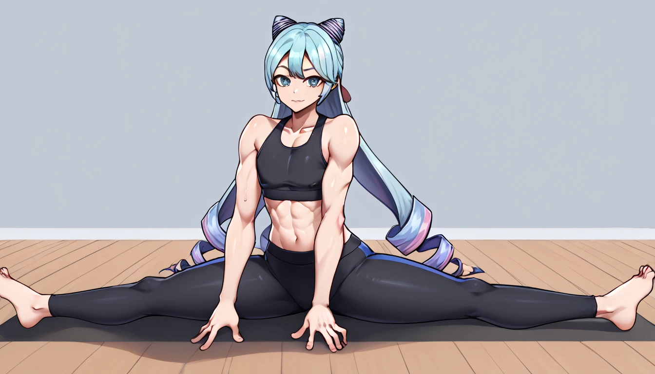 EPfeRosado, blue hair, multicolored hair,blue eyes, very long hair, pink hair, twin drills, drill hair, hair bun, cone hair bun, 1boy, solo, otoko no ko, yoga pants, sports bra, An athletic body, Sitting, On the floor, Split Horizon, stretch, horizontal splits, stretch regs, hands on floor, smile, (Furrowed brow, red cheek)