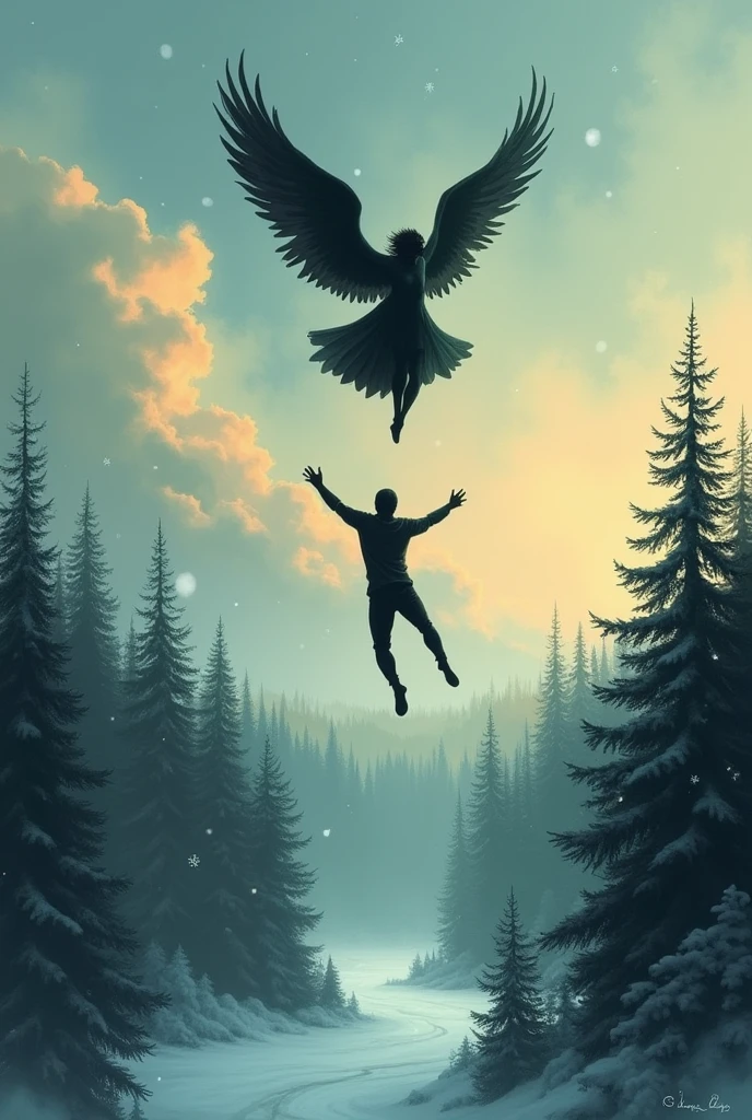 Book cover with a man falling from the sky, Above him there is a man with wings who is trying to reach him from the sky., Below it there is a pine forest. There are many clouds with a slight sunset, It's snowing and you can see snowflakes in the distance, They are both dressed in black and the one who is falling is facing away