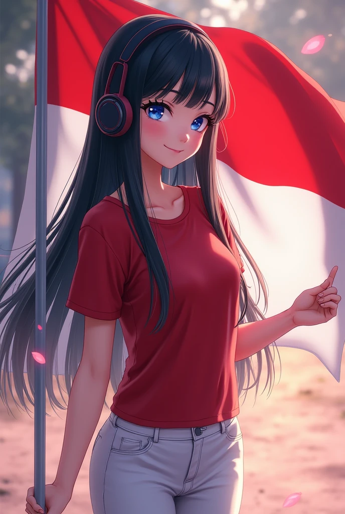 best quality, tmasterpiece, Ultra-high resolution, Clear face, (Reality: 1.4), perfect lighting,(photorealistic: 1.50), anime wallpaper, Guviz style artwork , fantasy cover up to magic , by Yang J, Guviz, beautiful artwork illustration, beautiful digital artwork, beautiful digital illustration, Li Song, beautiful anime portrait, art style at Beauvot,illustration, ethereal and beautiful, highly detailed, CG, unity, 8k wallpaper, Amazing, fine detail, masterpiece, best quality, official art, highly detailed CG unity 8k wallpaper,absurd, extremely absurd, large file size, highly detailed , high resolution, very detailed,beautiful girl with details, very detailed eyes and face, beautiful detailed eyes,light on the face,cinematic lighting, 1girl, (black hair:1.3), long hair, Bangs, Headphone, blue eyes, (Red T-shirt), (White pants), standing, full body, (looking at viwer:1.3), smile, (Holding the Indonesian flag), Red and white flag, (Right hand holding the flag),