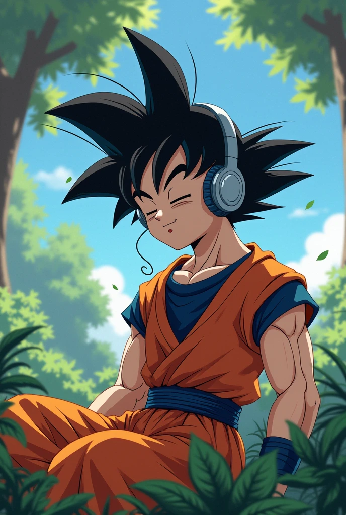 Goku listening to music with headphones