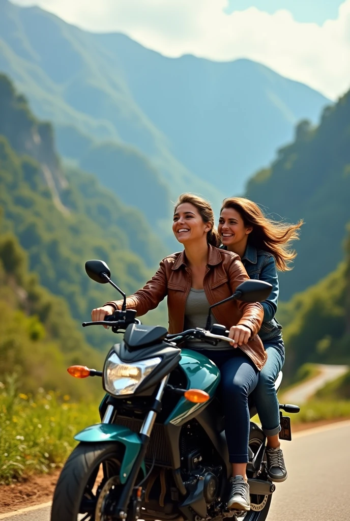 2 Female Friends , A 40-year-old woman and a 26-year-old woman traveling on a small Yamaha nmax motorcycle traveling through Antioquia