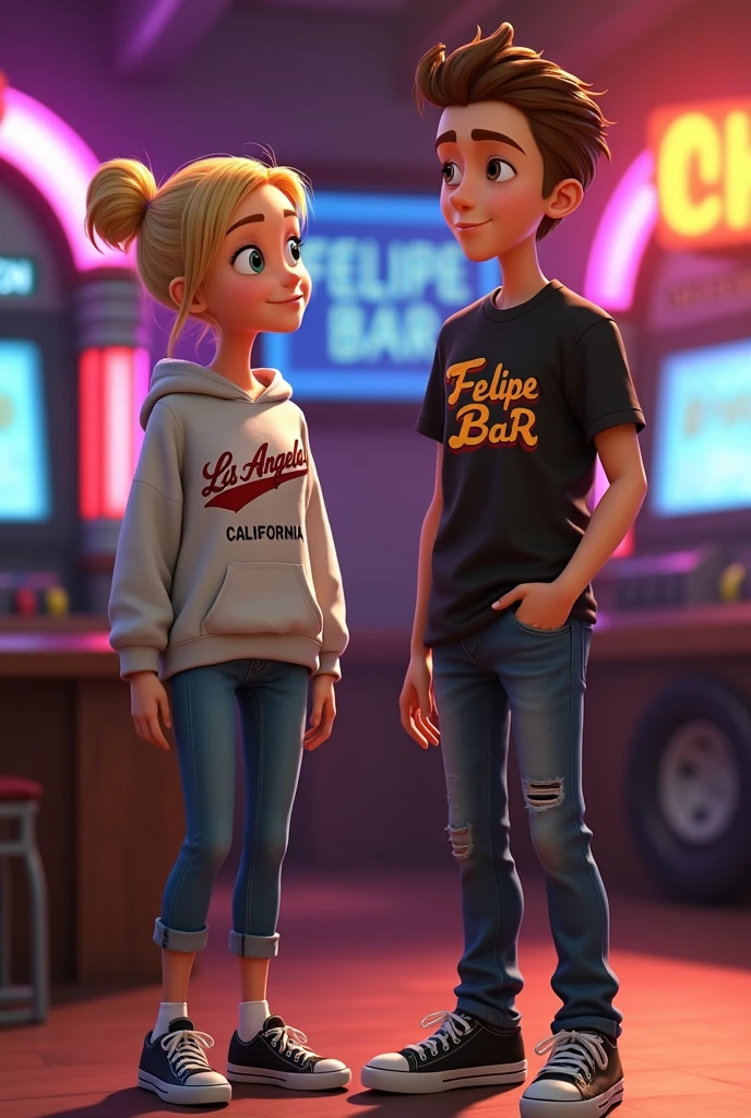 Animated Tall blonde girl with a bun wearing a Los Angeles California sweatshirt with black tennis shoes paired with a tall, thin, round-headed, white, brown-eyed man wearing a Columbia shirt with short hair in the background a bar with painball machines and a jukebox that says Felipe bar