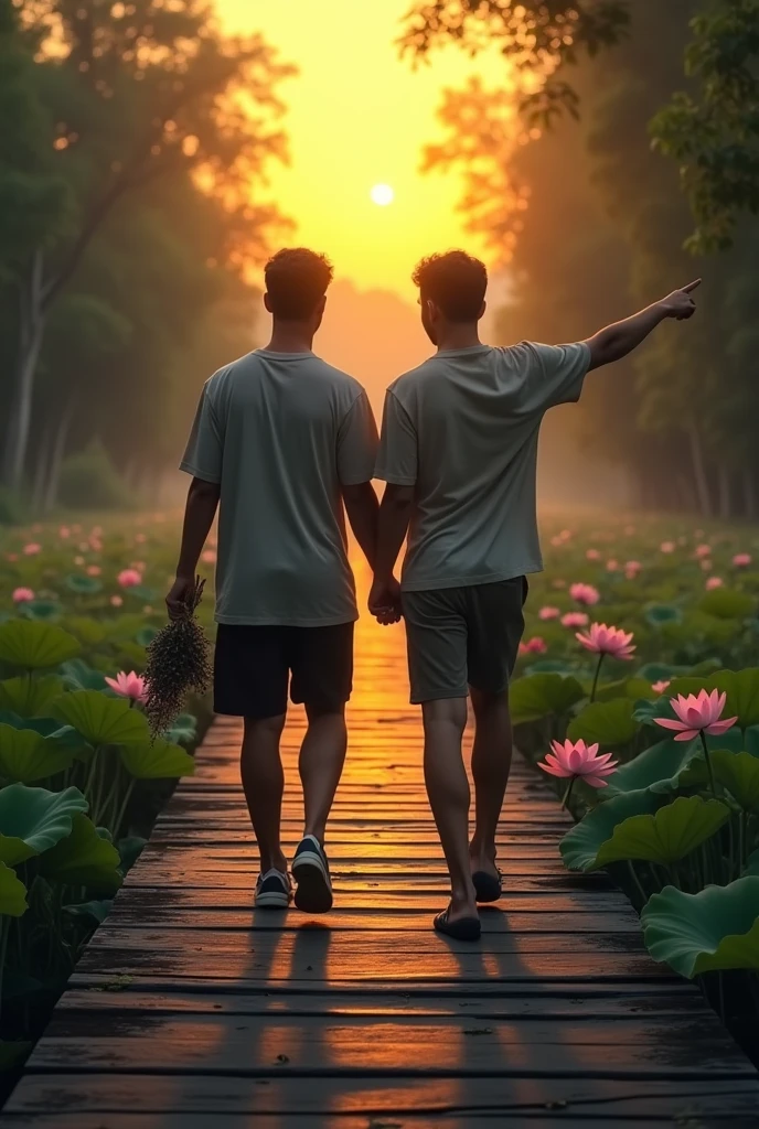 Two perfect young men walk forward on a wooden bridge across a beautiful lake with lotus blossoms, one friend holds a bunch of lotus flowers in one hand and points the other towards a big beautiful light, the other friend points to a bright yellow light in the distance, a scene of light in the distance, realistic picture, attractive pic, black background