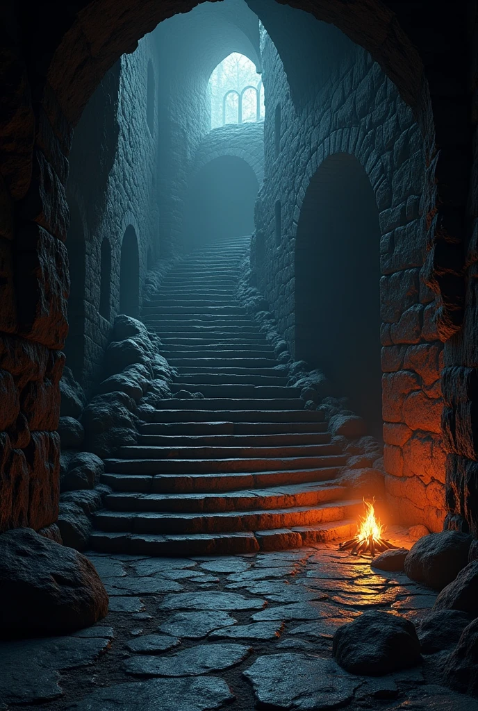 (masterpiece:1.2), (best quality:1.2), 8k, HDR, ultra detailed, ((photorealistic)), professional light, cinematic lighting, fashion photography, ambient lighting, background, a dark medieval dungeon, Darkness, epiCPhoto, fire, stairs