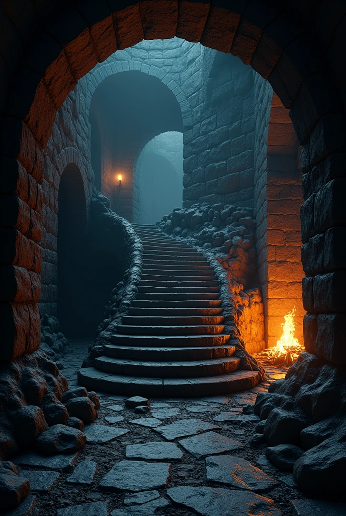 (masterpiece:1.2), (best quality:1.2), 8k, HDR, ultra detailed, ((photorealistic)), professional light, cinematic lighting, fashion photography, ambient lighting, background, a dark medieval dungeon, Darkness, epiCPhoto, fire, stairs