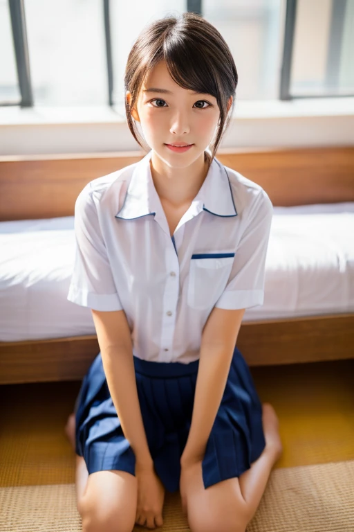 (Highest quality), (Cute 14 year old Japanese girl),  (Moisturized lips), Narrow eyes, double eyelid,Delicate clavicle,Flat Chest,Black Hair、Mr...々Hairstyle、,
 (Let me me me me&#39;Let me me me&#39;Let me me&#39;Let me&#39;Let&#39;s take another look),  shame, Open your mouth a little,
(Stylish rooms:1.2), Professional Lighting, 
(school uniform), (Sunburned skin:0.2),Full body photo、Full Body Focus、Natural skin texture、She is kneeling on the floor