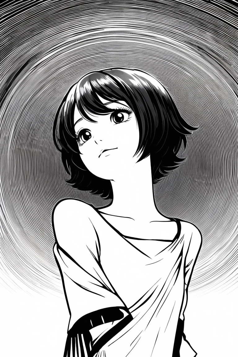 A coloring book of a magical girl looking up at the sky. Monochrome. Very short hair. High resolution. No coloring under any circumstances. Anime style.